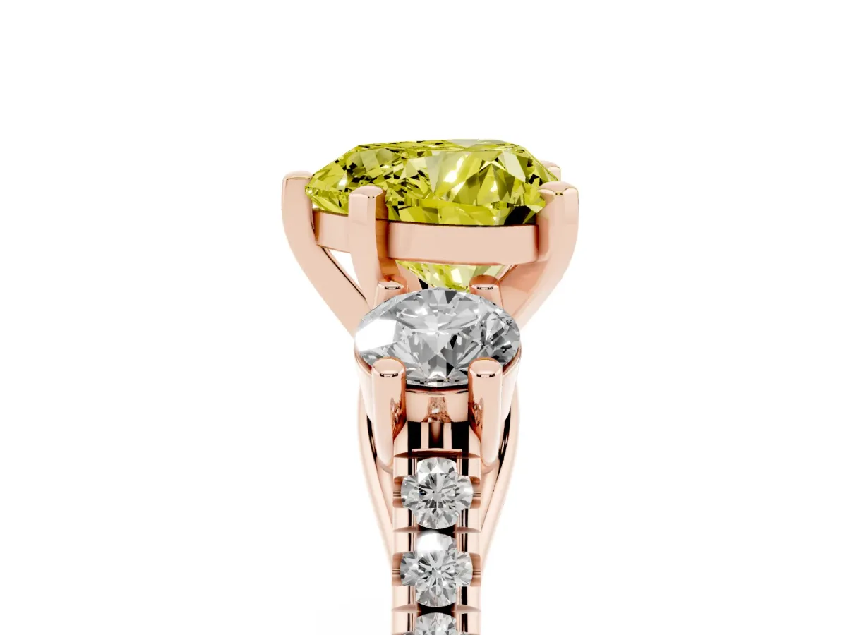 Fancy Yellow Three-Stone Heart Cut Diamond Pavé Band with Four-Prong Setting Rose gold