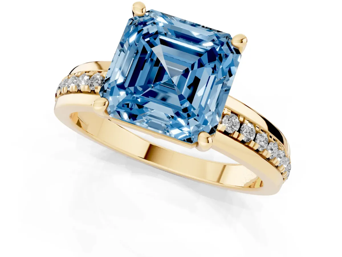 Fancy Blue Asscher Cut Solitaire Diamond Ring with Channel Set Band and Six-Prong Setting Yellow gold