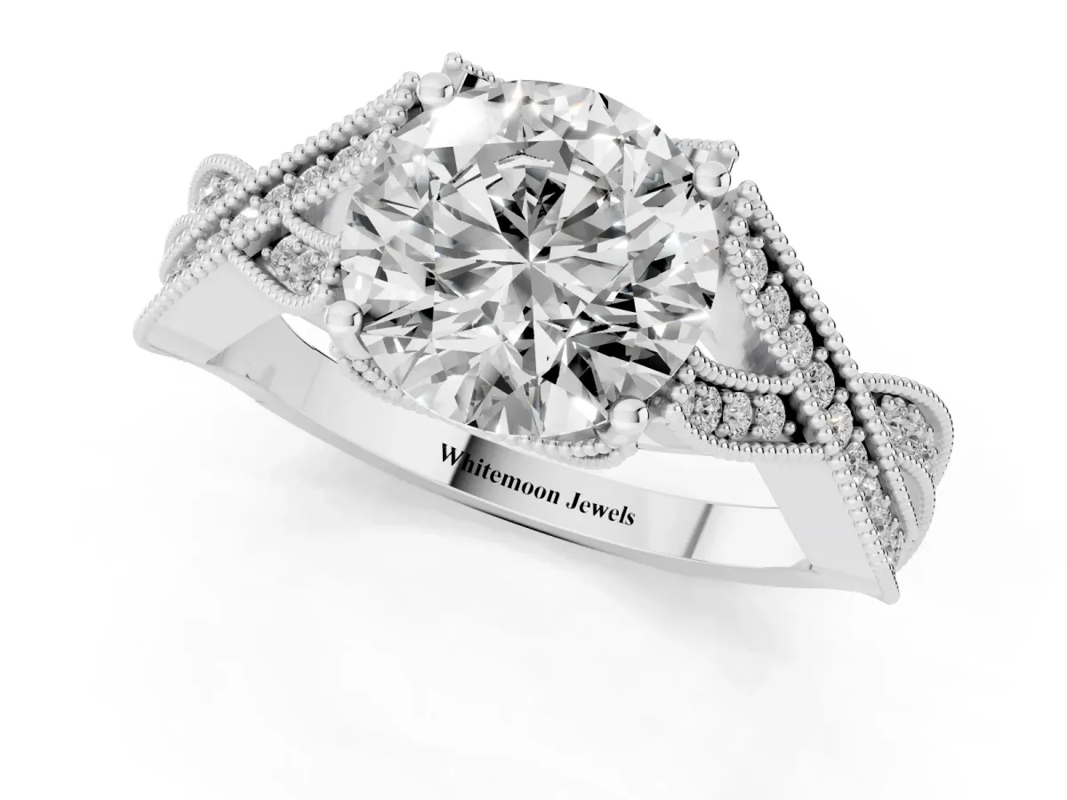 Round Cut Cut Diamond Twisted Band with Milgrain Pave Setting and Four-Prong Setting Silver