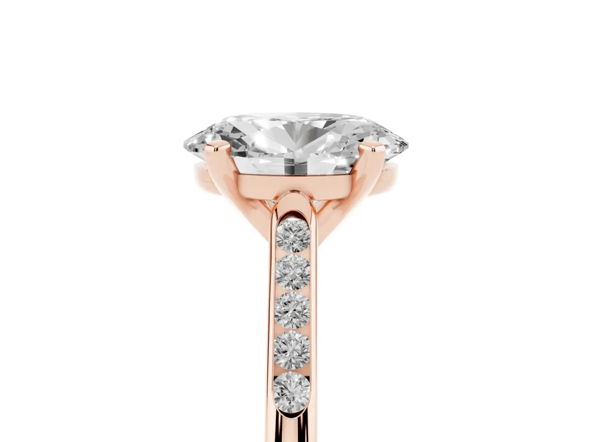 Oval Cut Diamond Solitaire Ring with Channel Set Round Band and Prong Setting Rose gold