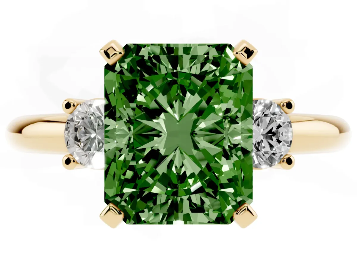 Fancy Green Three-Stone Radiant Cut Cut Diamond Solitaire with Prong Setting and Classic Band Yellow gold