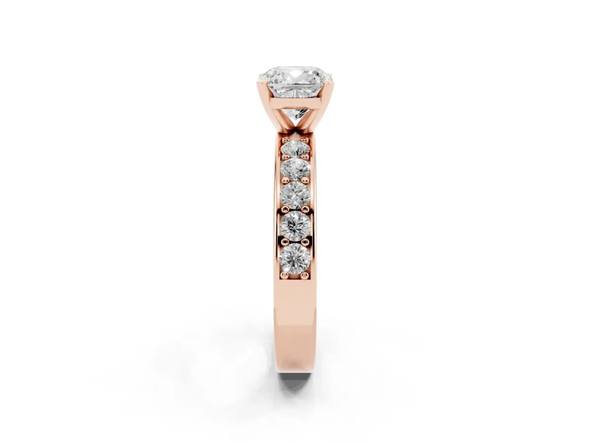 Cushion Cut Diamond Engagement Ring with Channel Set Round Band and Prong Setting Rose gold