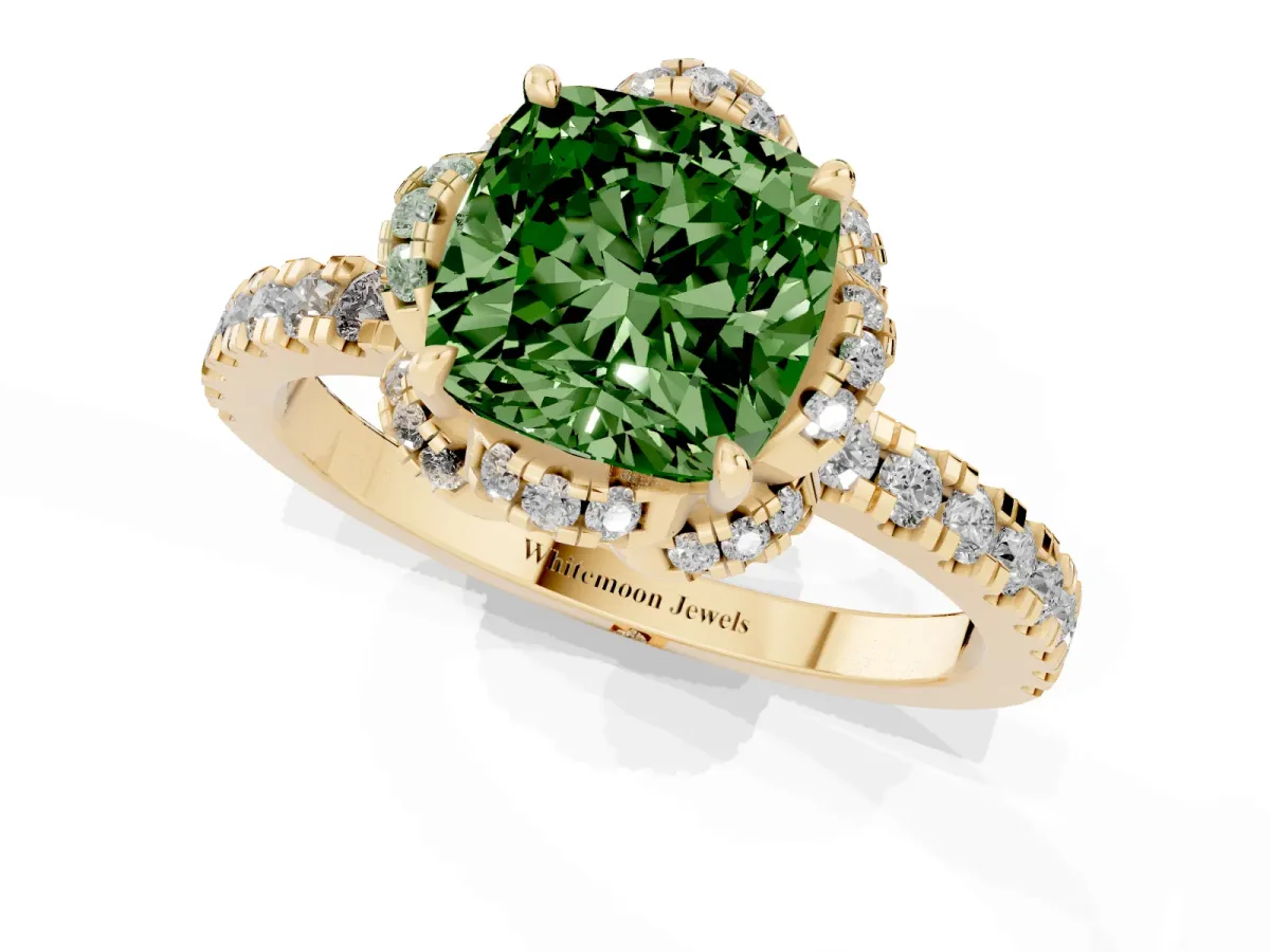 Fancy Green Cushion Cut Diamond Halo Pave Band with Four-Prong Setting Yellow gold