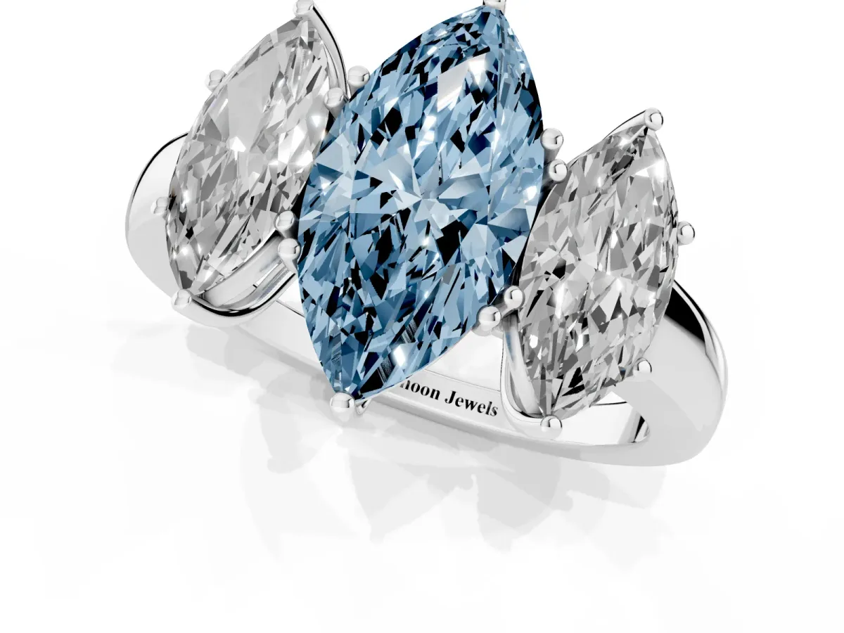 Fancy Blue Marquise Cut Diamond Three-Stone Ring with Four-Prong Setting and Classic Band Silver