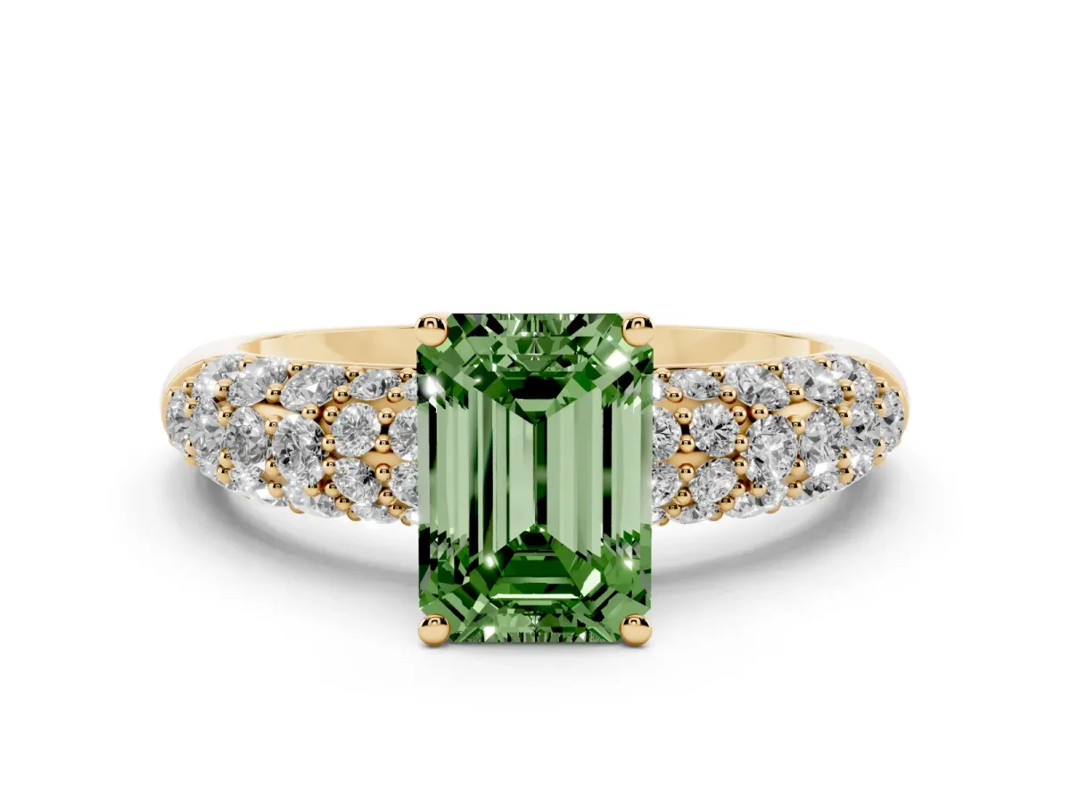 Fancy Green Emerald Cut Diamond Pavé Band Solitaire Ring with Four-Prong Setting Yellow gold