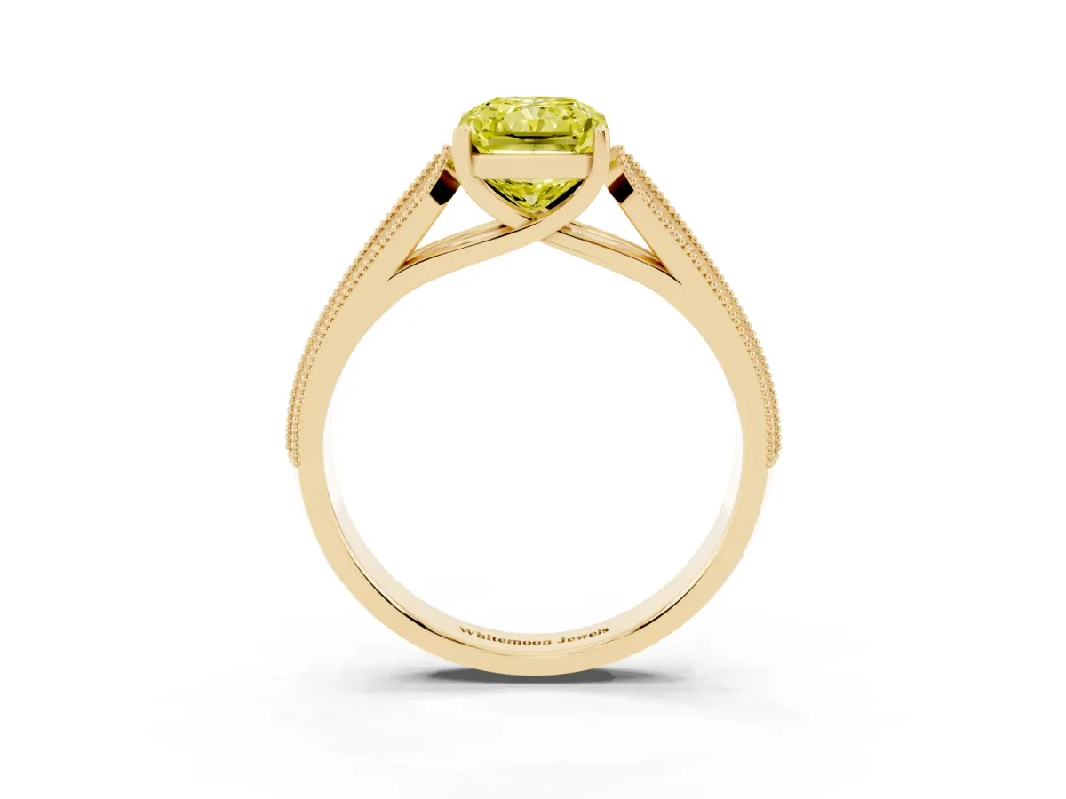 Fancy Yellow Radiant Cut Cut Pave Split Shank Engagement Ring with Four-Prong Setting Yellow gold