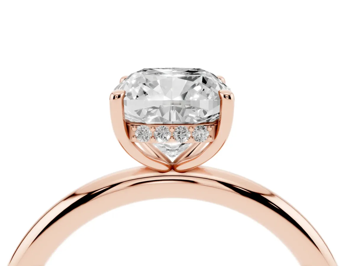 Cushion Cut Diamond Solitaire Ring with Thin Band and Four-Prong Setting Rose gold