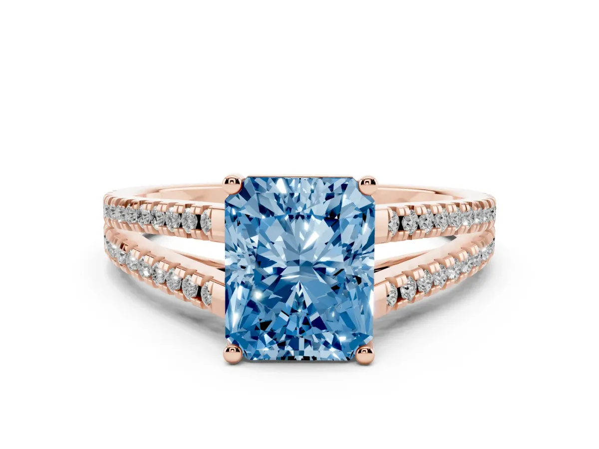 Fancy Blue Radiant Cut Diamond Solitaire Engagement Ring with Split Shank Pavé Band Rose gold