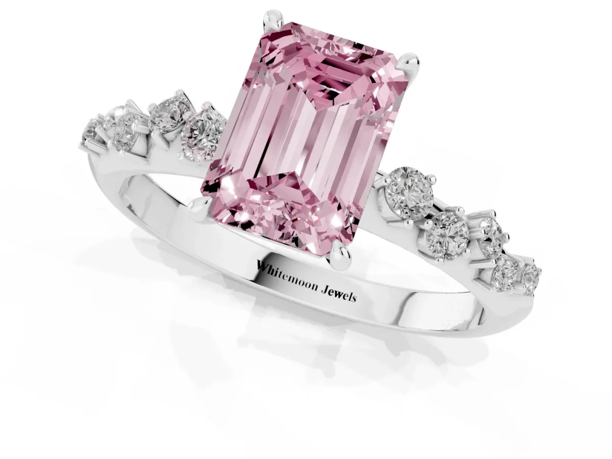Fancy Pink Emerald Cut Diamond Cluster Side Stone Solitaire Ring with Prong Setting Silver
