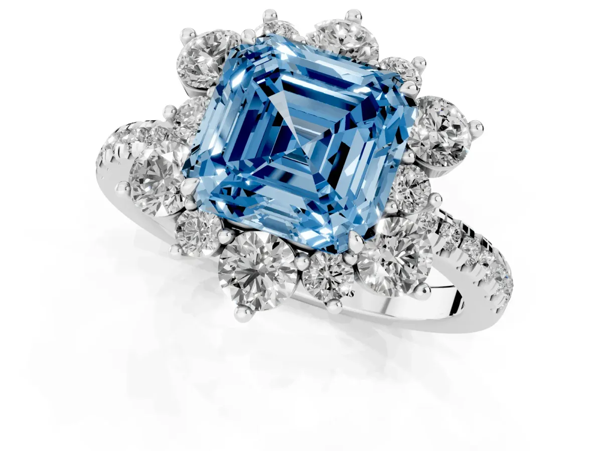 Fancy Blue Asscher Cut Diamond Floral Halo Ring with Round Pavé Band and Prong Setting Platinum