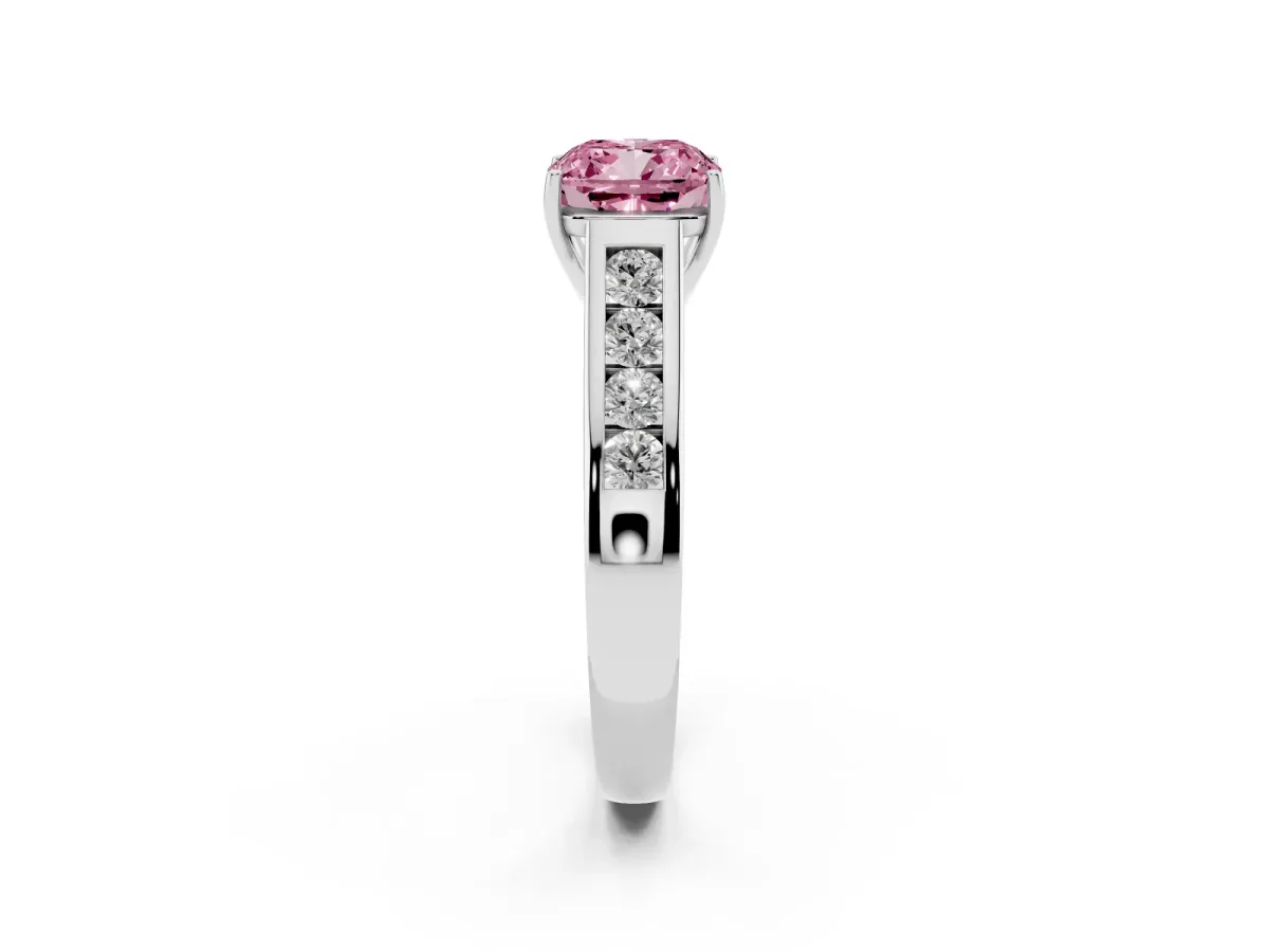 Fancy Pink Cushion Cut Solitaire Channel-Set Diamond Engagement Ring with Four-Prong Setting Silver