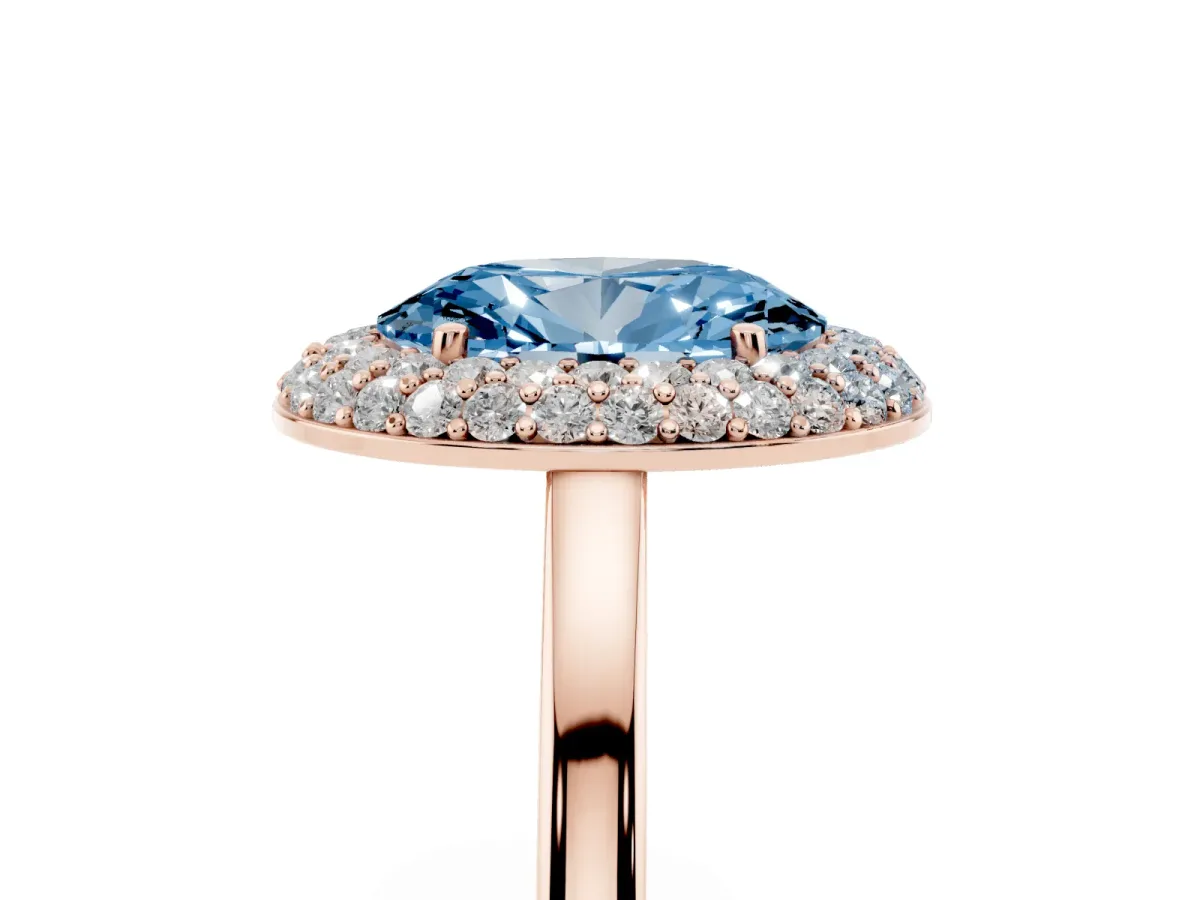 Fancy Blue Oval Cut Halo Diamond Engagement Ring with Solitaire Band and Four-Prong Setting Rose gold