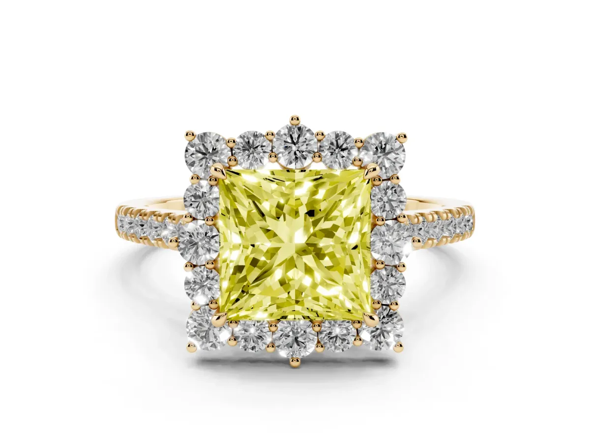 Fancy Yellow Princess Cut Halo Diamond Ring with Pavé Band and Prong Setting Yellow gold