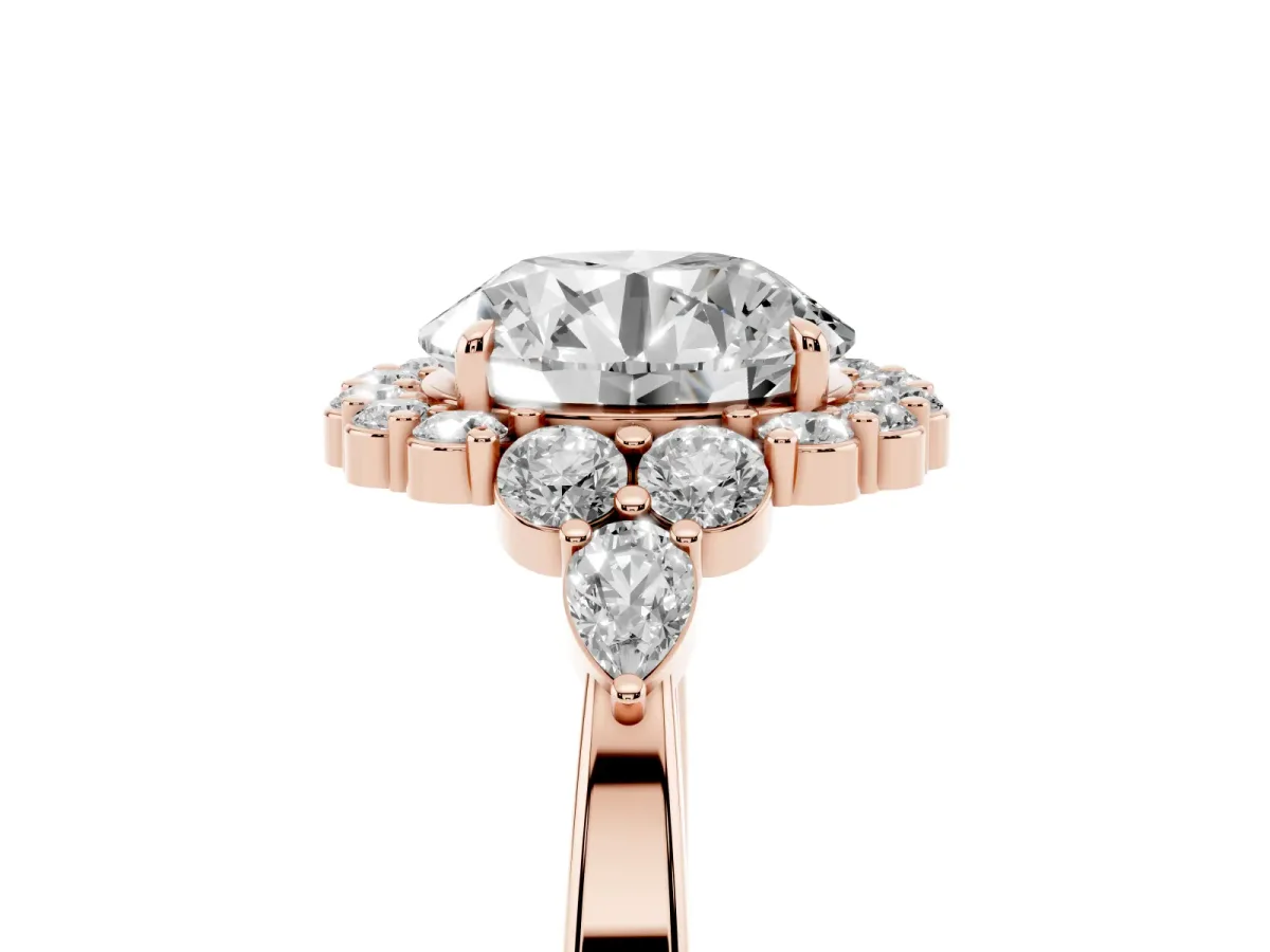 Round Cut Diamond Halo Ring with Pear Side Stones and Prong Setting Rose gold