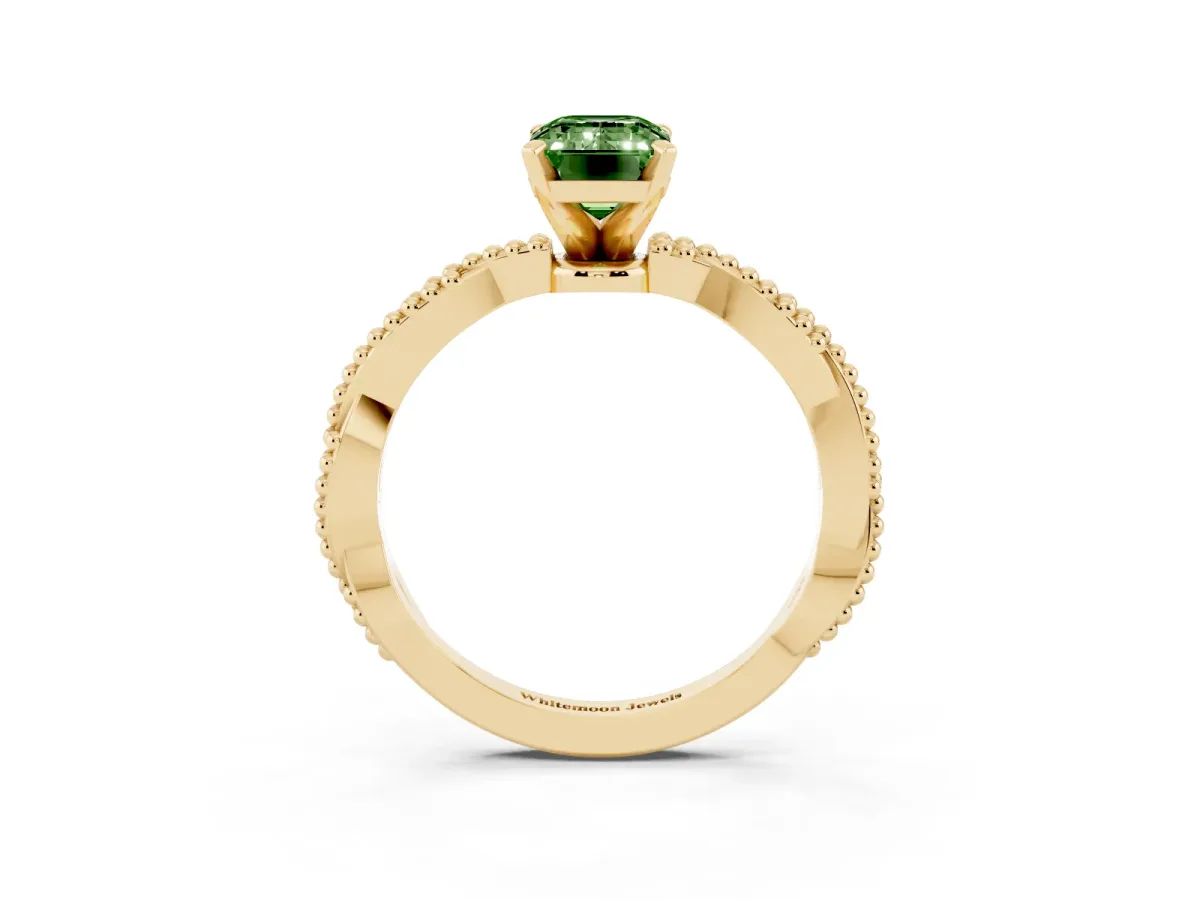 Fancy Green Emerald Cut Solitaire Twisted Band with Bead Prong Setting Yellow gold