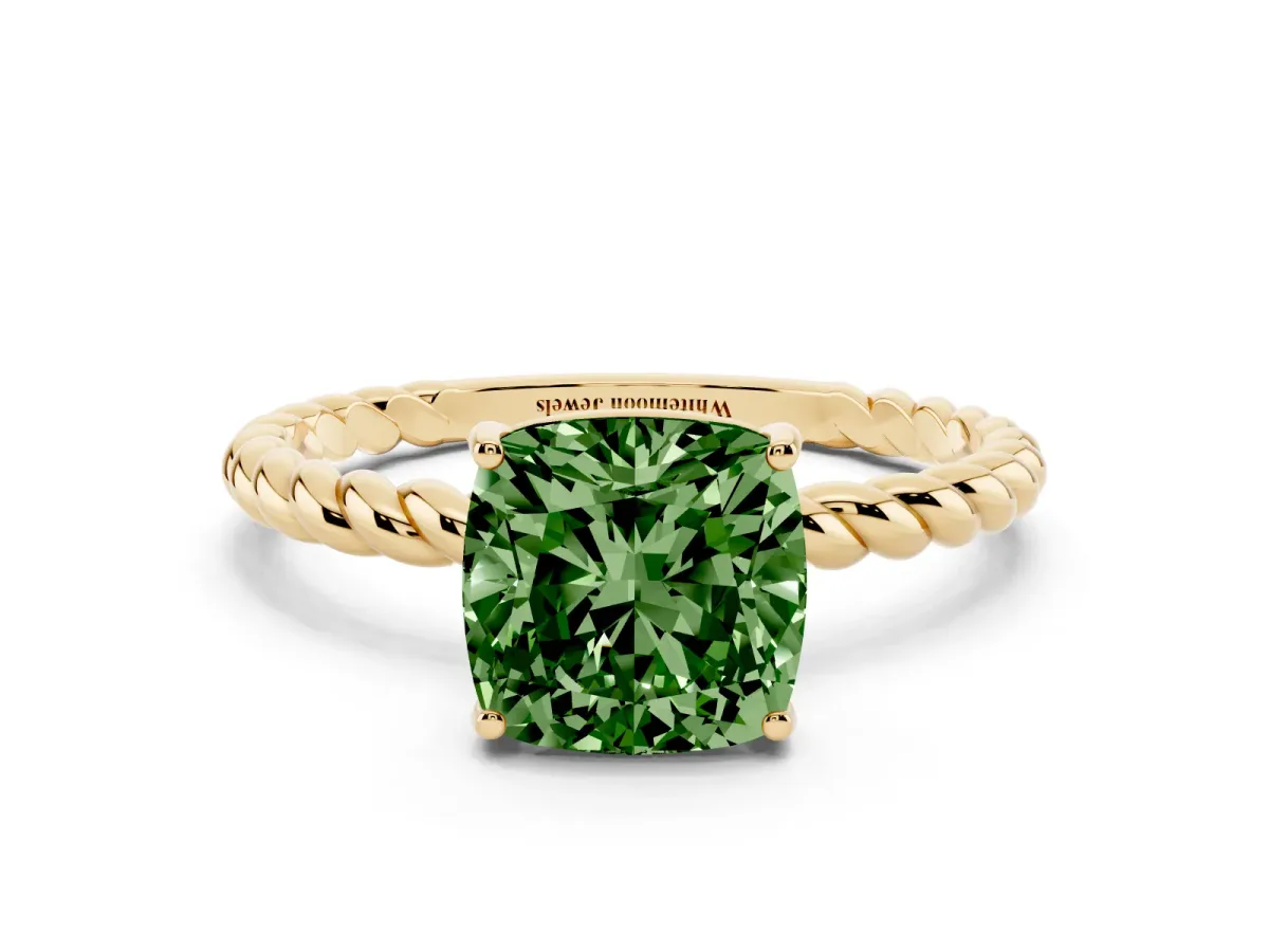 Fancy Green Cushion Cut Solitaire Twist Band Ring with Four-Prong Setting Yellow gold