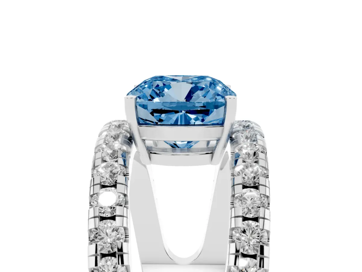 Fancy Blue Cushion Cut Solitaire Split Shank Pave Diamond Ring Platinum