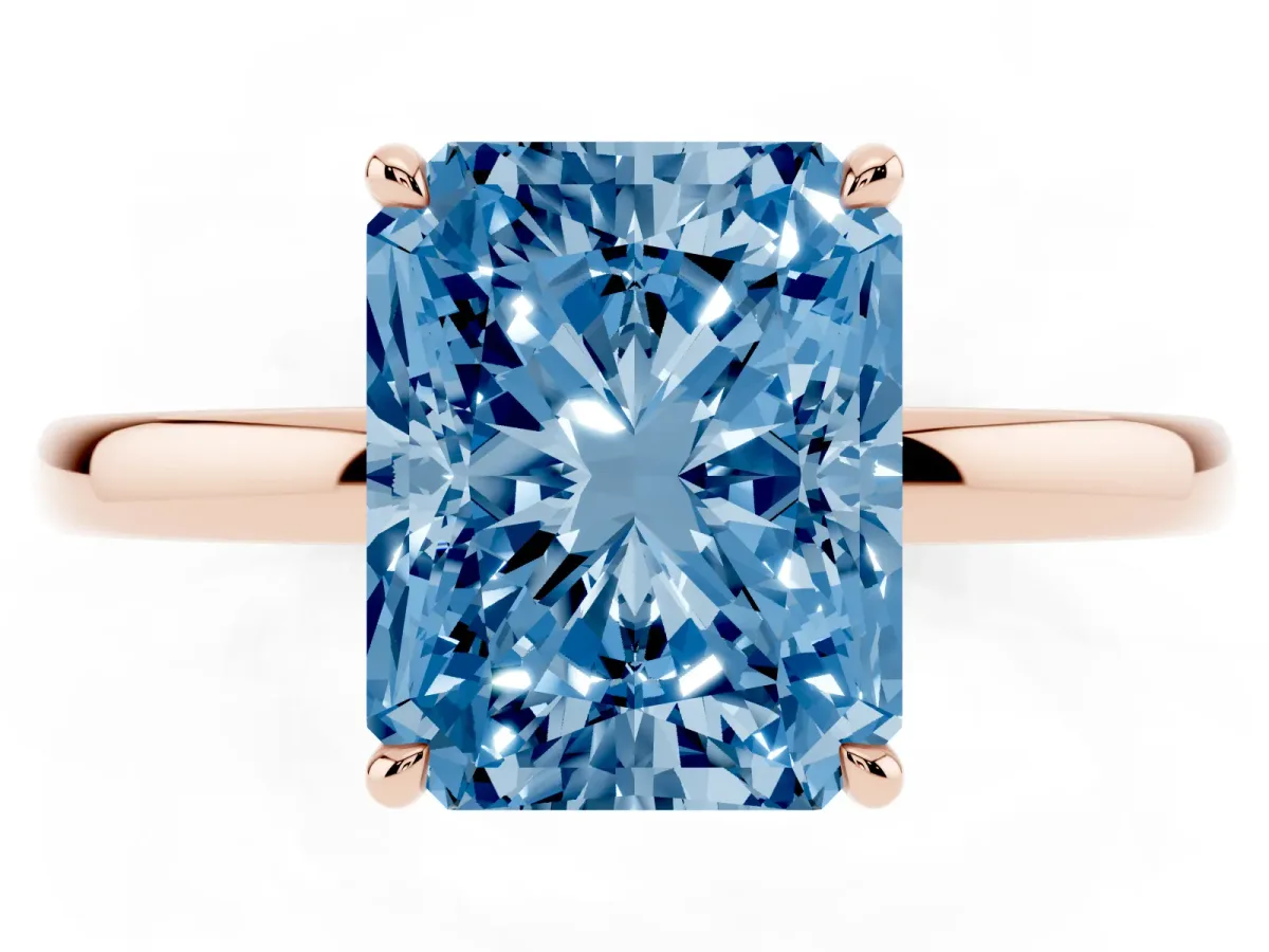 Fancy Blue Radiant Cut Solitaire Engagement Ring with Cathedral Band and Four-Prong Setting Rose gold