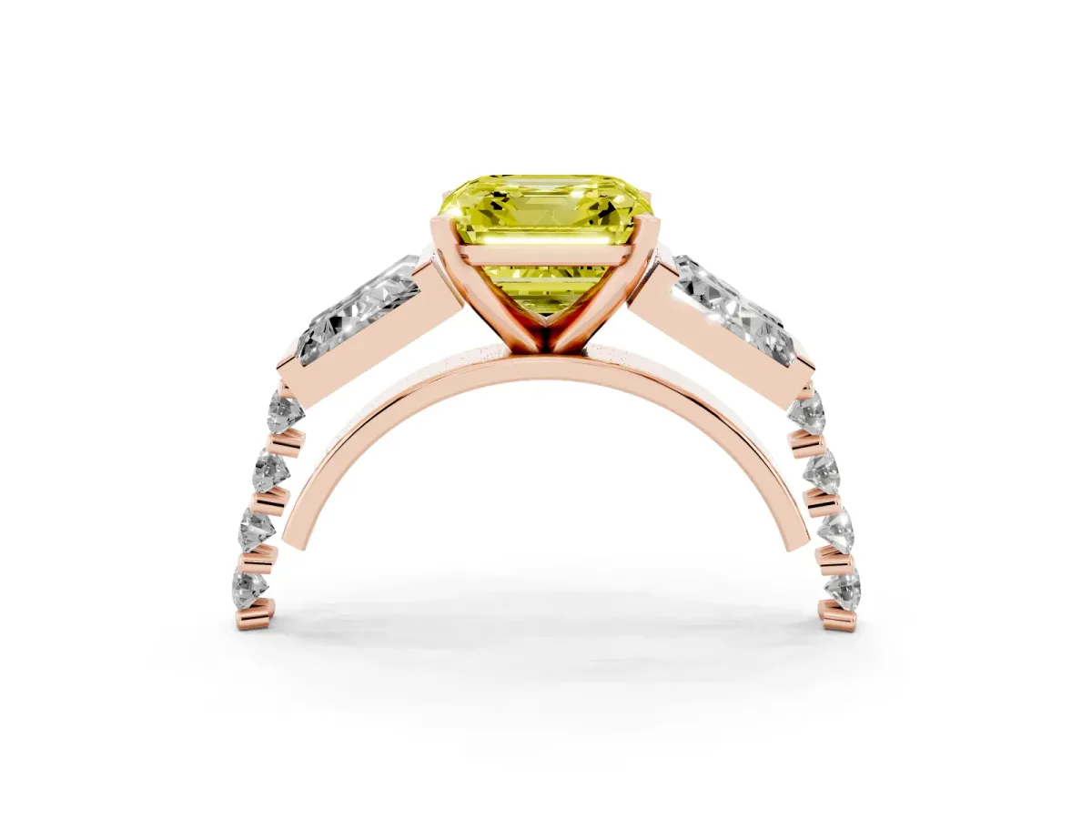 Fancy Yellow Asscher Cut Diamond Engagement Ring with Baguette Side Stones and Channel Set Band Rose gold