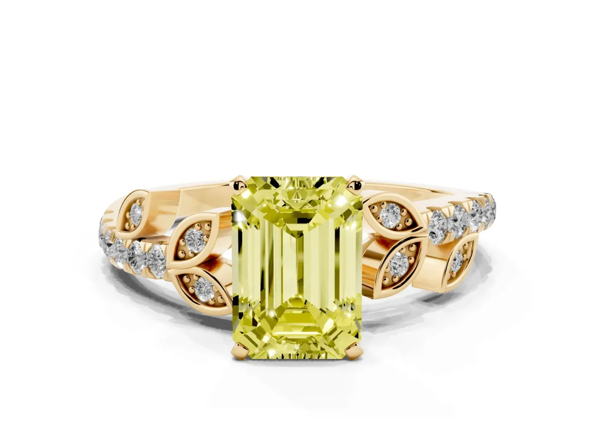 Fancy Yellow Emerald Cut Solitaire Leaf-Inspired Diamond Ring with Pavé Band and Four-Prong Setting Yellow gold