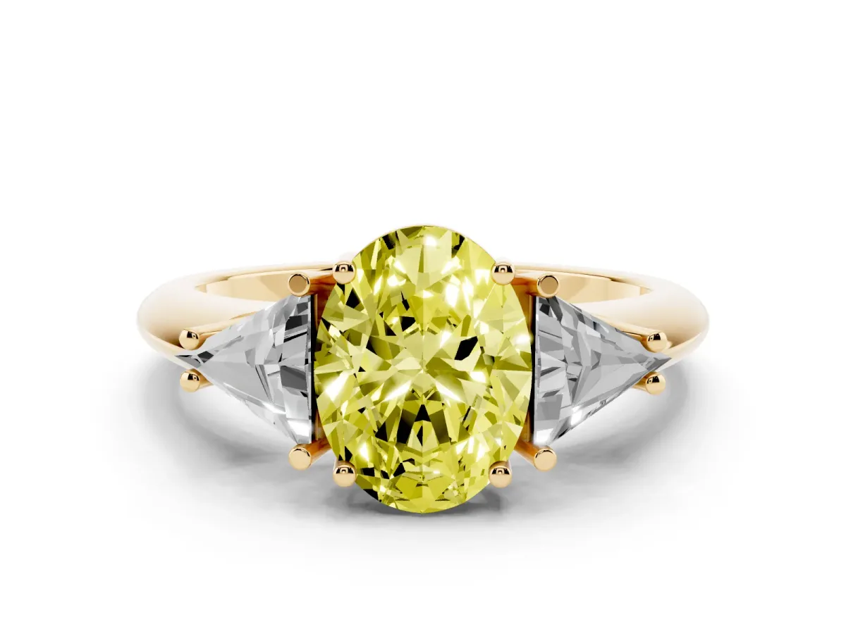 Fancy Yellow Three-Stone Oval Cut Diamond Engagement Ring with Trillion Side Stones and Prong Setting Yellow gold
