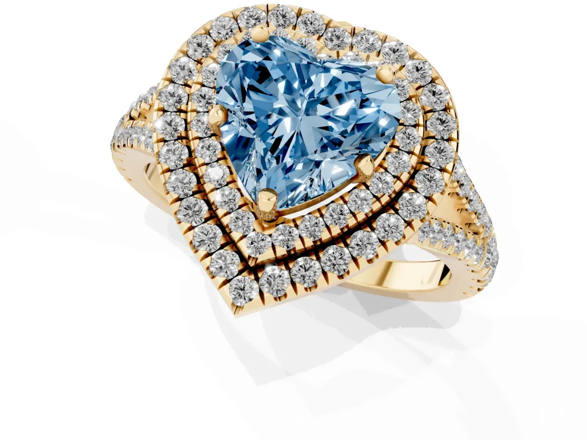Fancy Blue Heart Cut Diamond Double Halo Ring with Pavé Band and Prong Setting Yellow gold