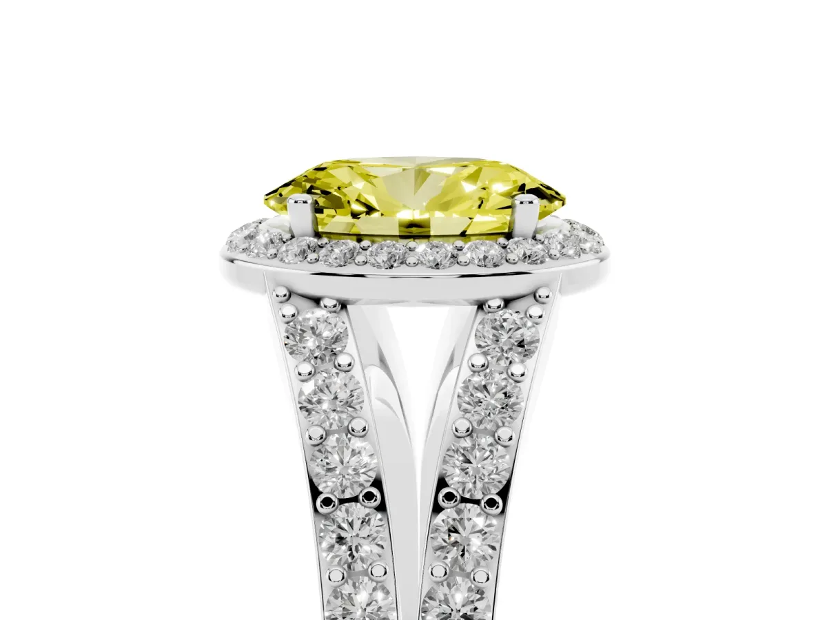 Fancy Yellow Oval Cut Diamond Split Shank Halo Ring with Four-Prong Setting Silver