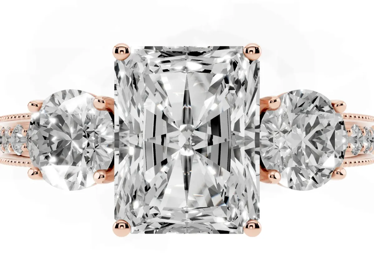 Radiant Cut Three-Stone Diamond Ring with Pavé Band and Four-Prong Setting Rose gold