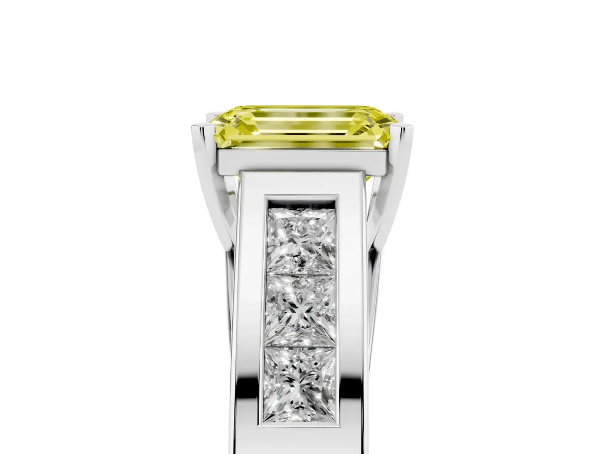 Fancy Yellow Emerald Cut Cut Channel Set Solitaire Ring with Four-Prong Setting Silver