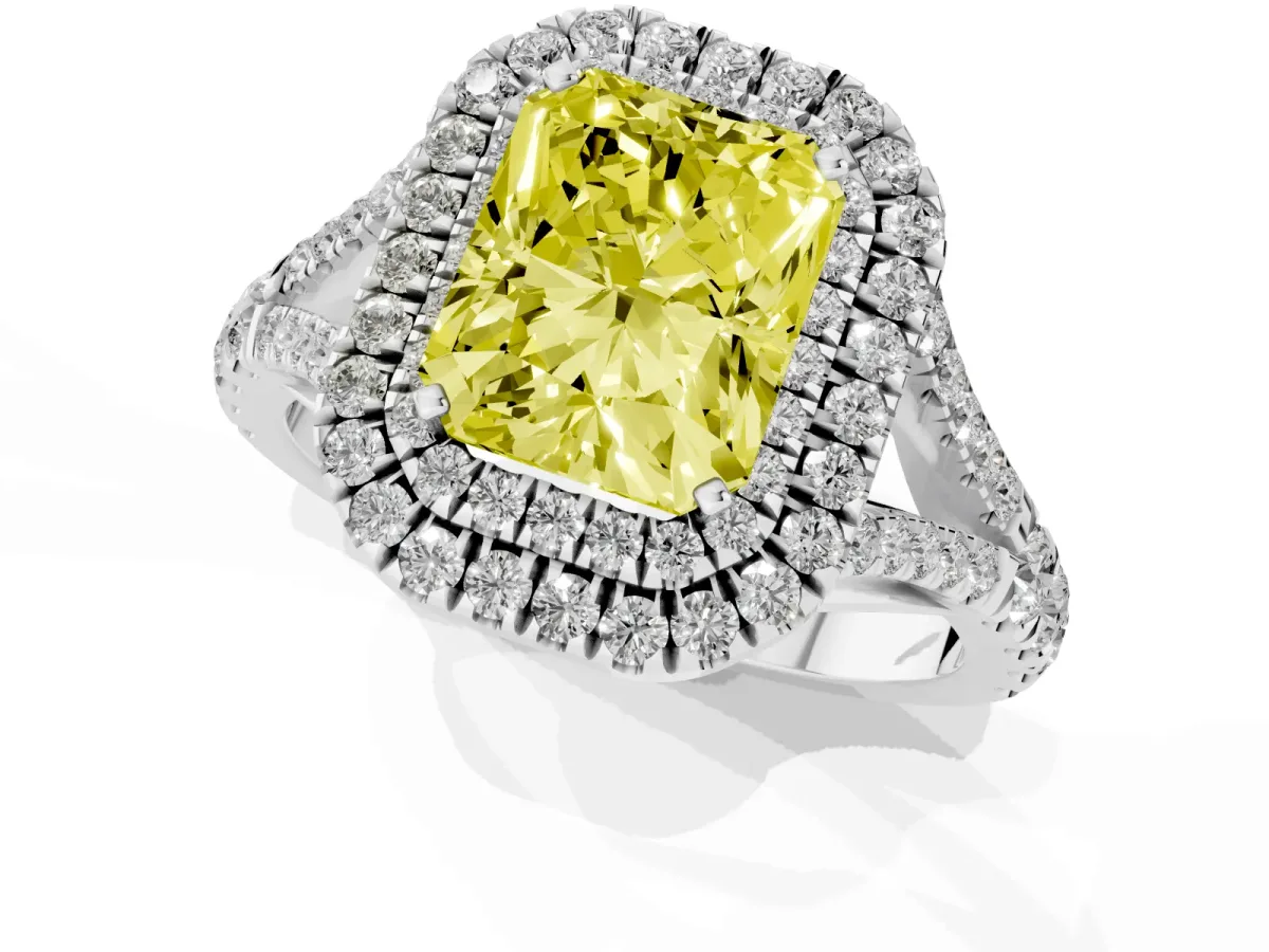 Fancy Yellow Double Halo Radiant Cut Diamond Split Shank Engagement Ring with Four-Prong Setting Silver