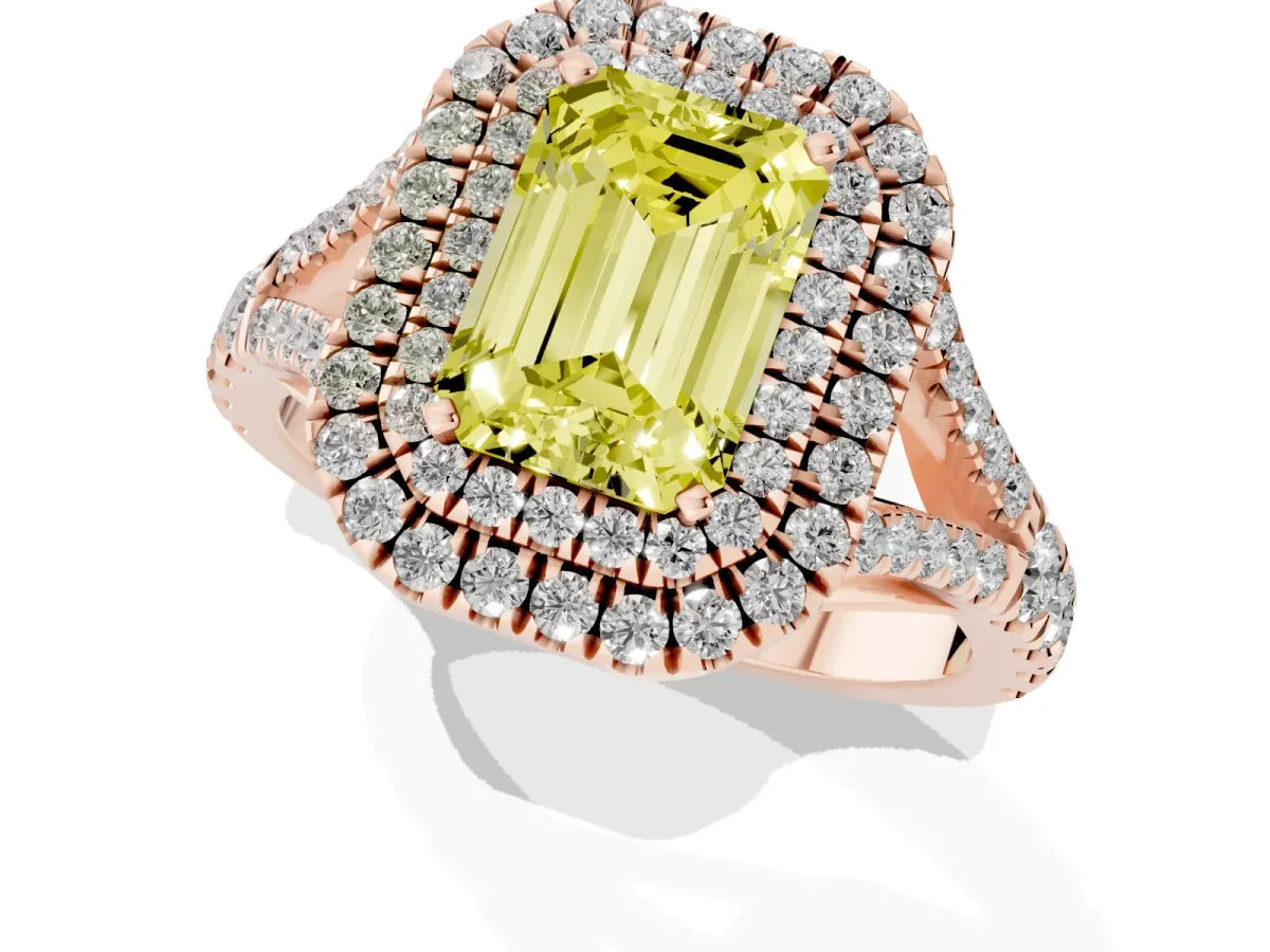 Fancy Yellow Emerald Cut Diamond Pavé Split Shank Double Halo Engagement Ring Rose gold