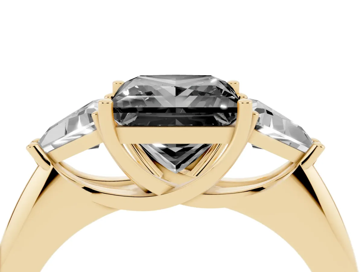 Fancy Black Three-Stone Princess Cut Diamond Engagement Ring with Trillion Side Stones and Prong Setting Yellow gold