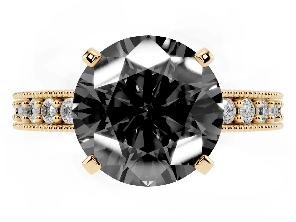Fancy Black Round Cut Diamond Milgrain Pavé Engagement Ring with Four-Prong Setting Yellow gold