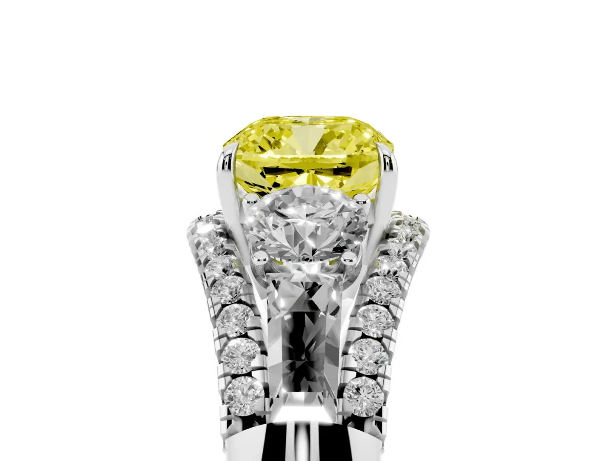 Fancy Yellow Three-Stone Cushion Cut Diamond Engagement Ring with Pave Band and Prong Setting Silver