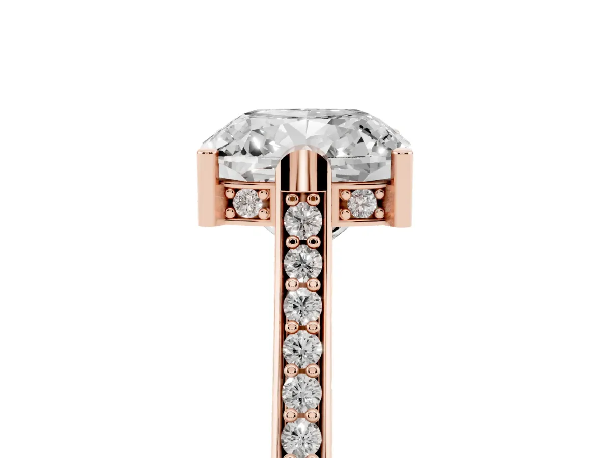 Cushion Cut Solitaire Diamond Ring with Channel Set Band and Bezel Prong Setting Rose gold