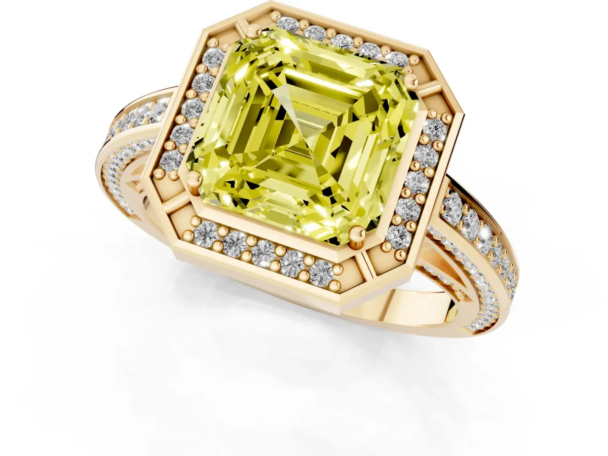 Fancy Yellow Asscher Cut Cut Halo Pave Split Shank Prong Setting Ring Yellow gold