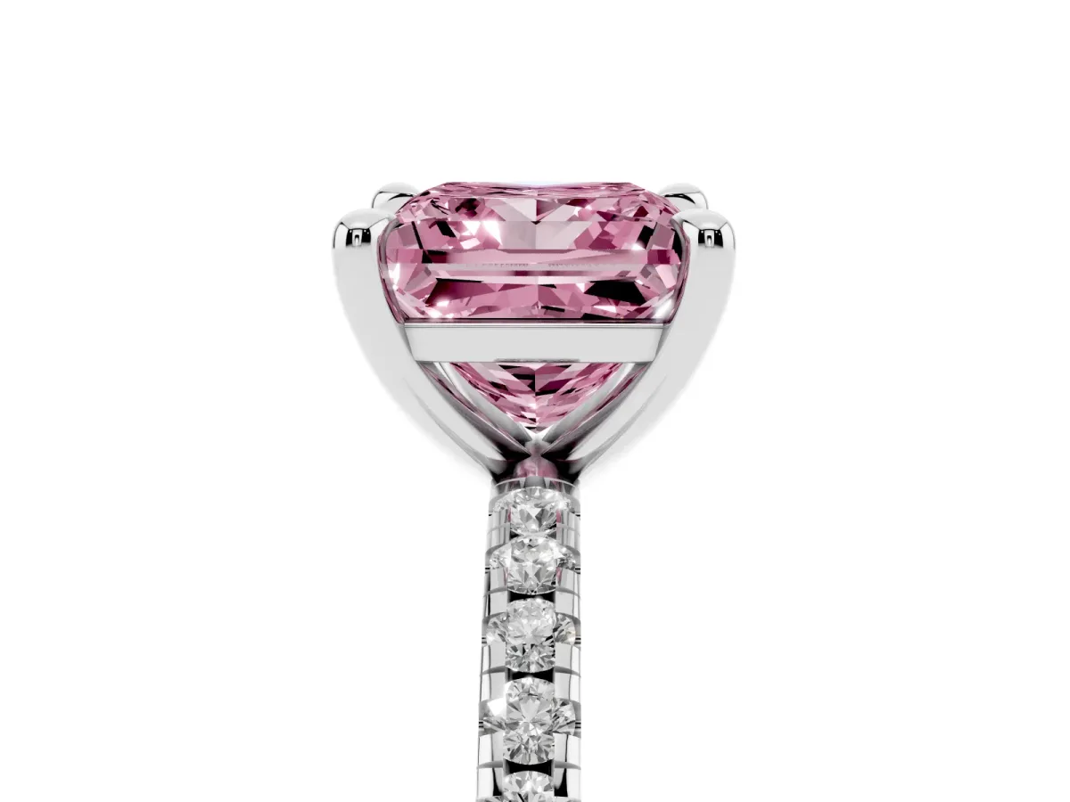 Fancy Pink Princess Cut Diamond Brilliant Solitaire Ring with Pavé Band and Four-Prong Setting Platinum
