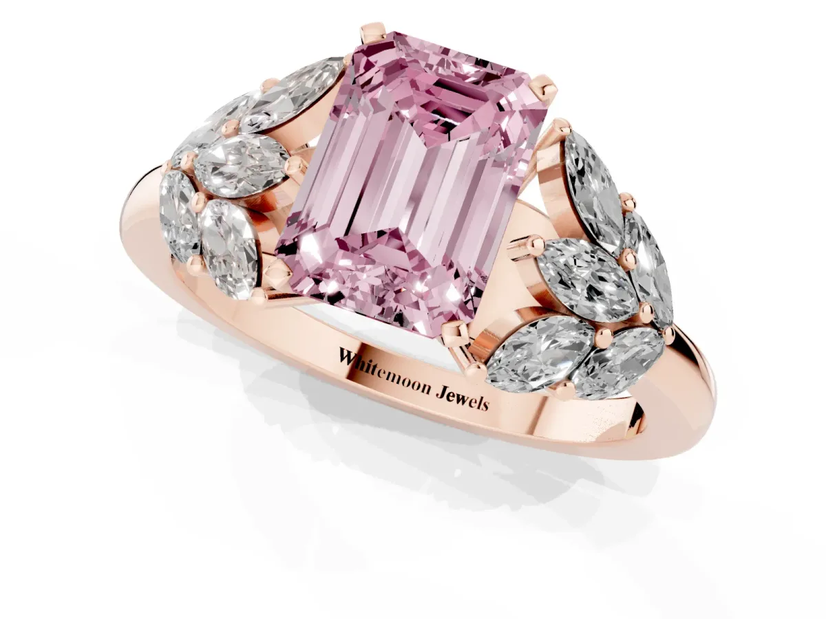 Fancy Pink Emerald Cut Diamond Cluster Leaf Design Ring with Prong Setting Rose gold