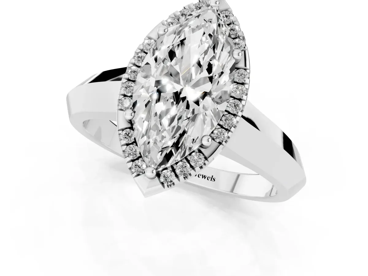Marquise Cut Halo Diamond Ring with Cathedral Band and Four-Prong Setting Silver