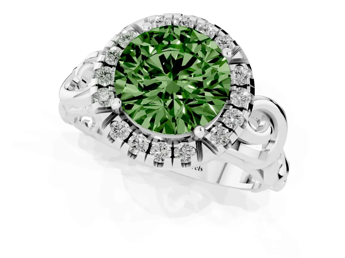 Fancy Green Round Cut Cut Halo Diamond Ring with Scrollwork Band and Four-Prong Setting Silver
