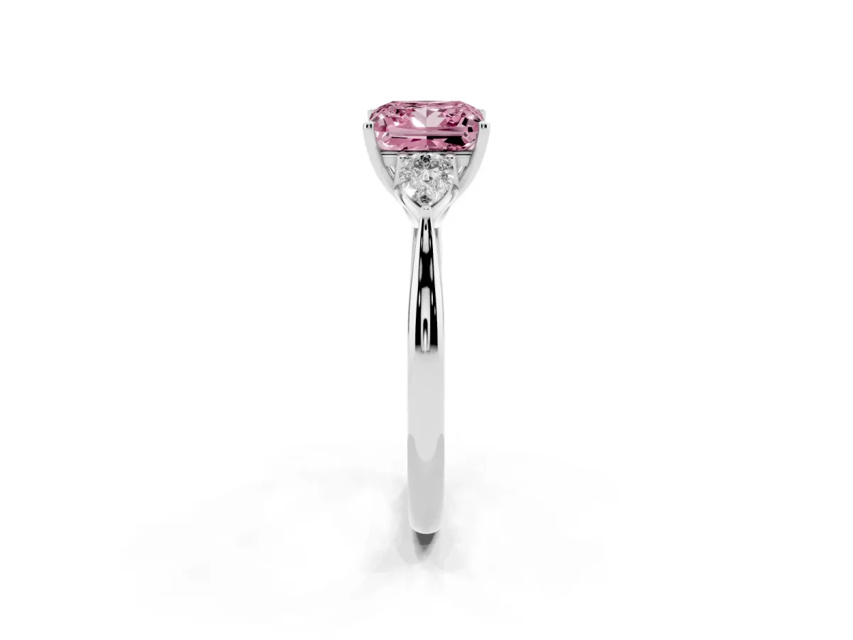 Fancy Pink Three-Stone Princess Cut Diamond Ring with Pear Side Stones in Four-Prong Setting Silver