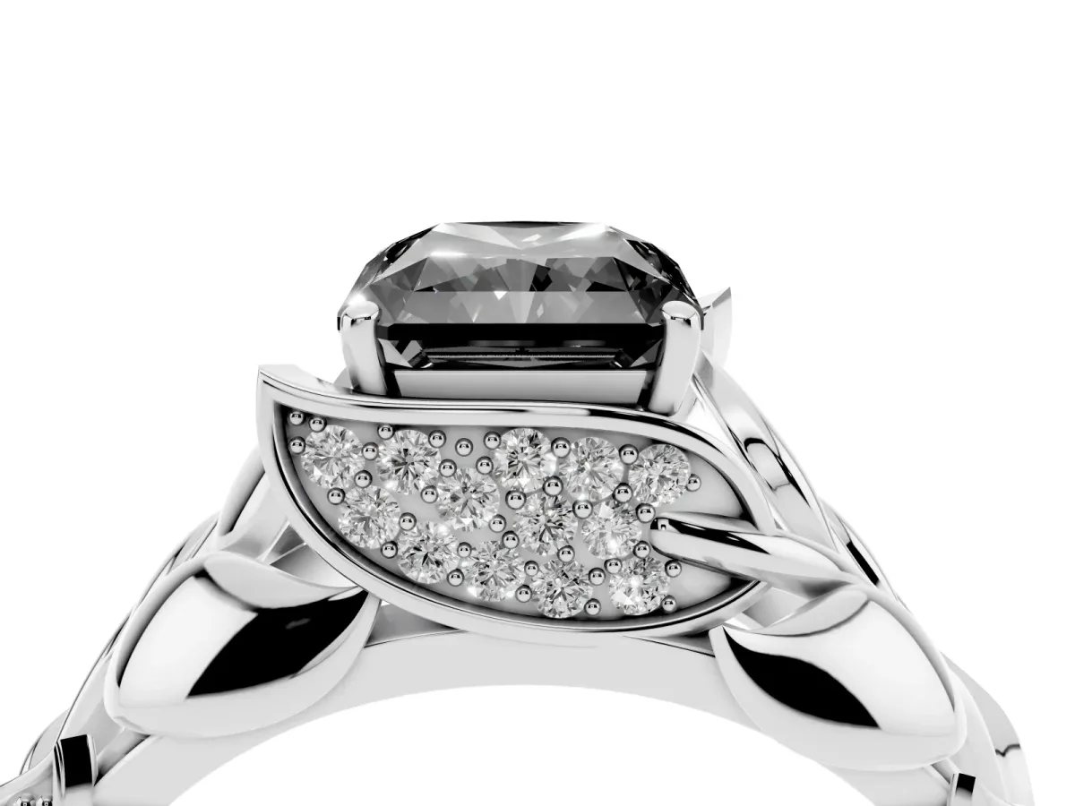 Fancy Black Radiant Cut Diamond Leaf-Inspired Engagement Ring with Round Accents and Prong Setting Silver