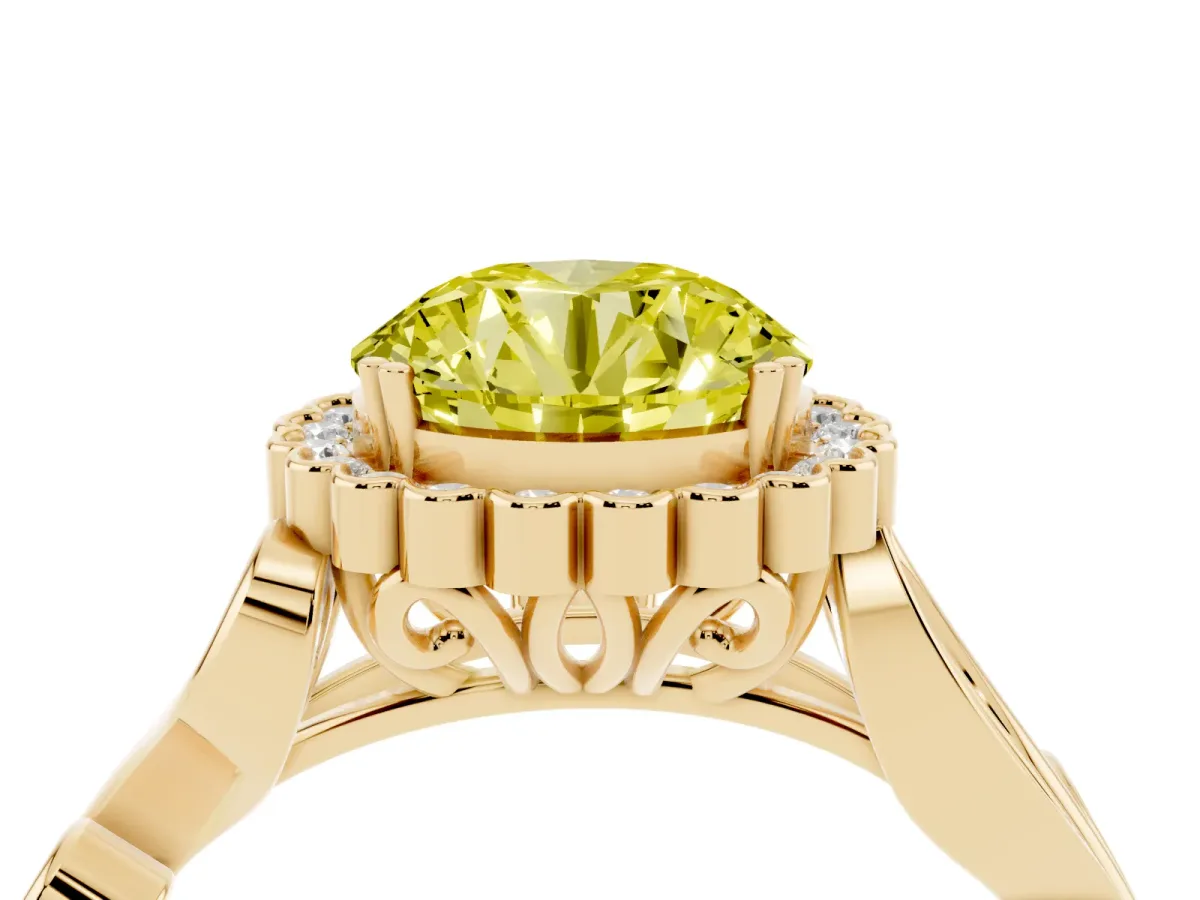 Fancy Yellow Round Cut Diamond Halo Ring with Vintage Split Shank and Four-Prong Setting Yellow gold