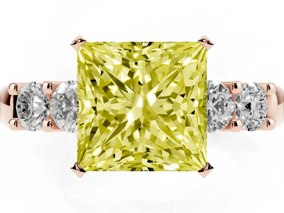 Fancy Yellow Princess Cut Brilliant Cut Diamond Five-Stone Prong Set Engagement Ring with Channel Band Rose gold