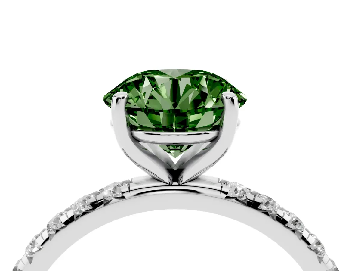 Fancy Green Round Cut Cut Diamond Solitaire Ring with Micro Pave Band and Four Prong Setting Silver