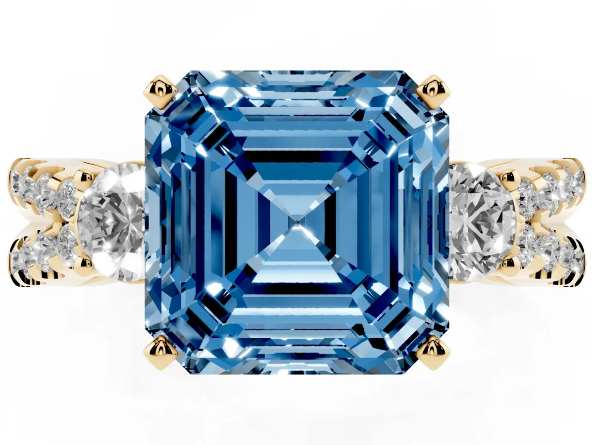 Fancy Blue Asscher Cut Diamond Three-Stone Ring with Pavé Split Shank and Four-Prong Setting Yellow gold