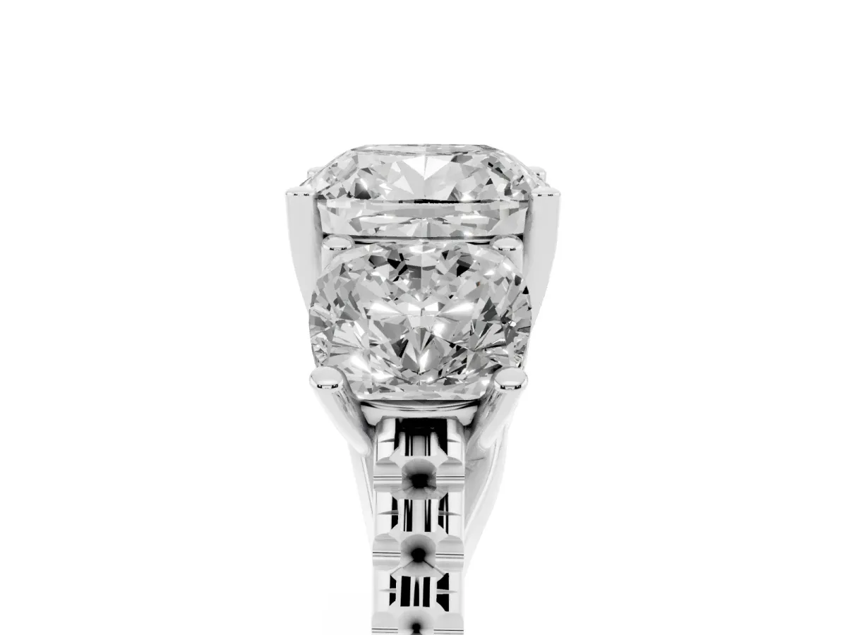 Three-Stone Cushion Cut Diamond Ring with Round Pavé Band and Prong Setting Silver