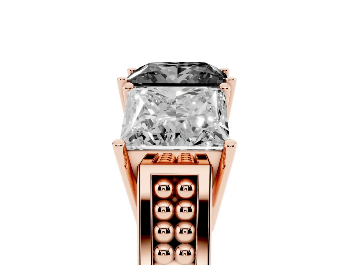 Fancy Black Princess Cut Diamond Three-Stone Ring with Prong Setting and Textured Band Rose gold