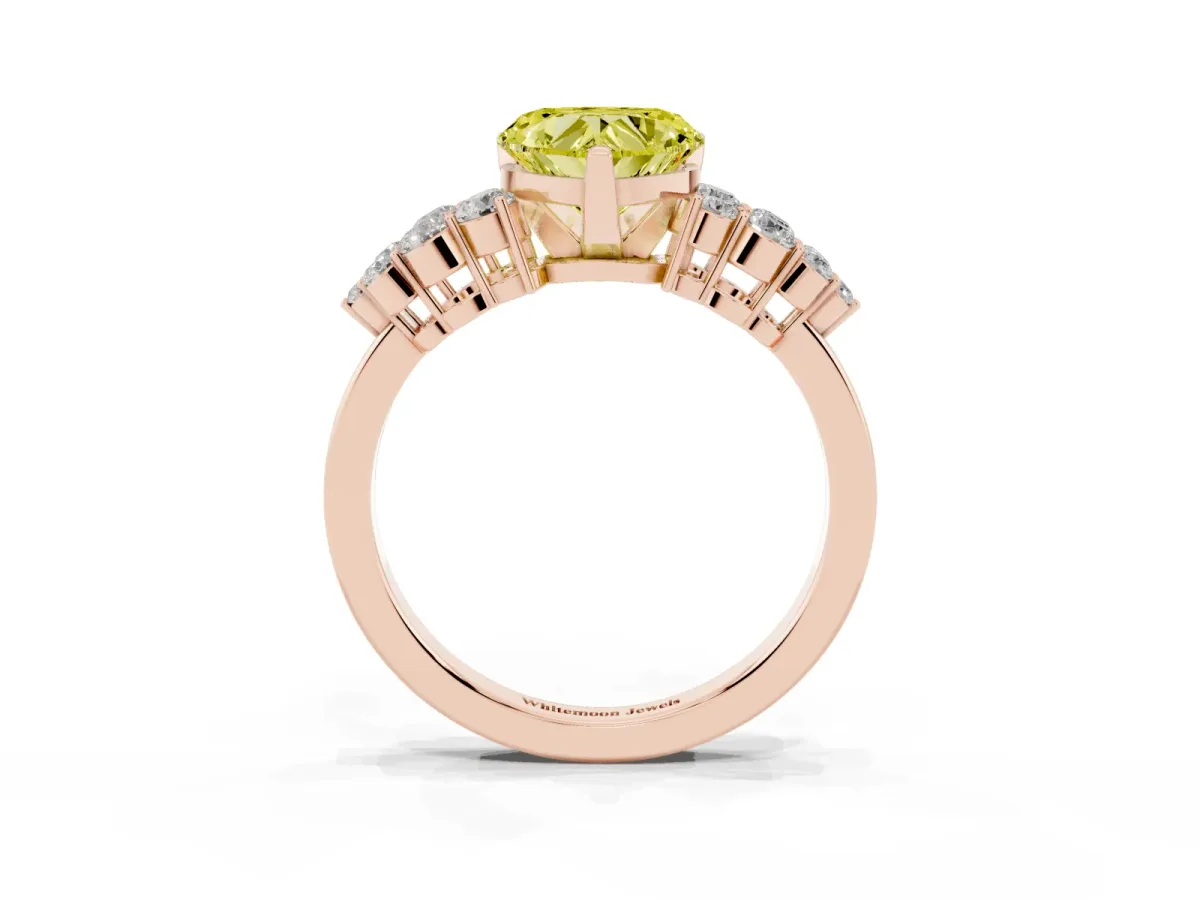 Fancy Yellow Heart Cut Cluster Diamond Engagement Ring with Pavé Band and Four-Prong Setting Rose gold