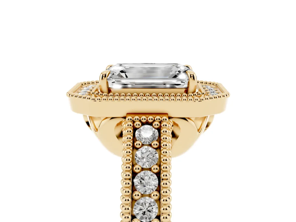 Emerald Cut Cut Halo Diamond Ring with Pavé Band and Four-Prong Setting Yellow gold